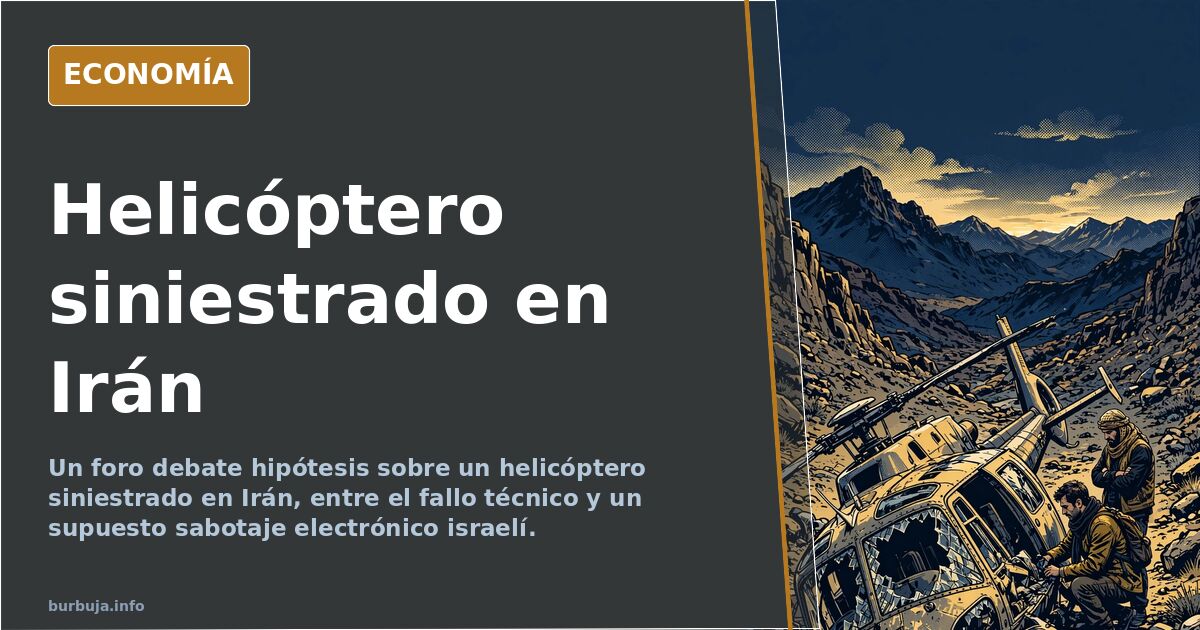 Ilustración editorial de un helicóptero siniestrado en Irán, en tonos azul marino y dorado