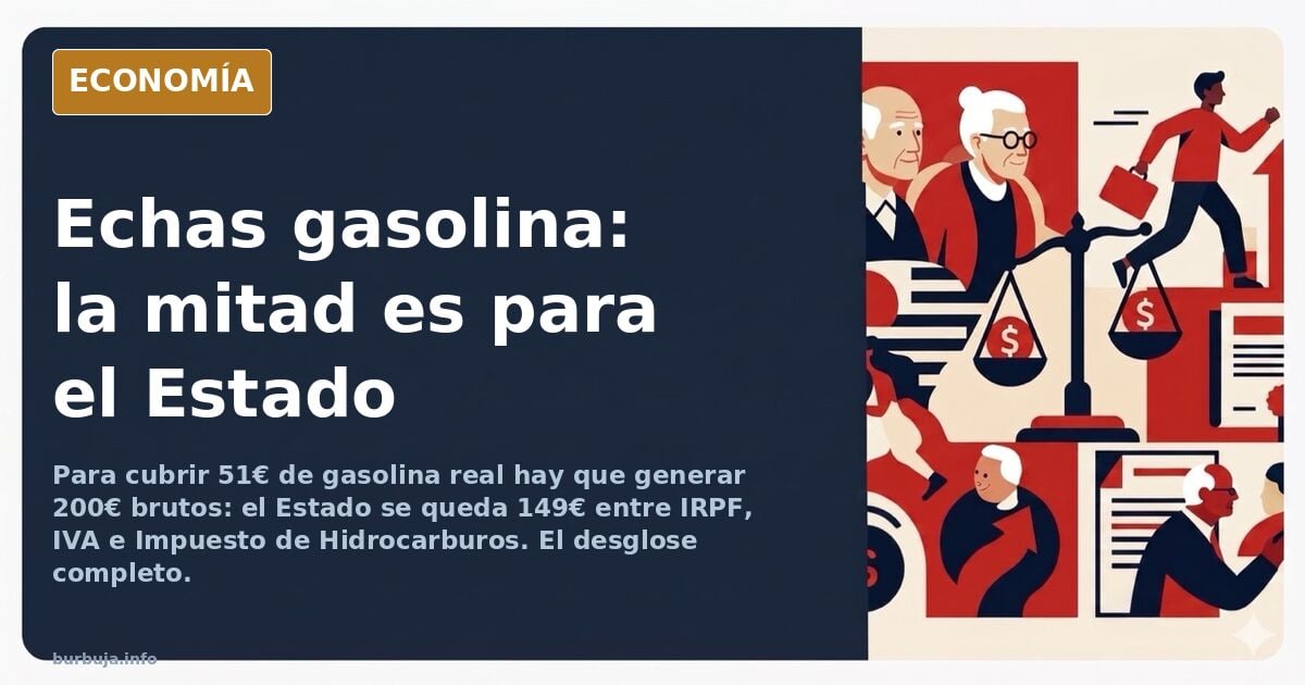 Surtidor de gasolina con billetes y monedas cayendo hacia una hucha institucional, ilustración editorial en azul marino y dor