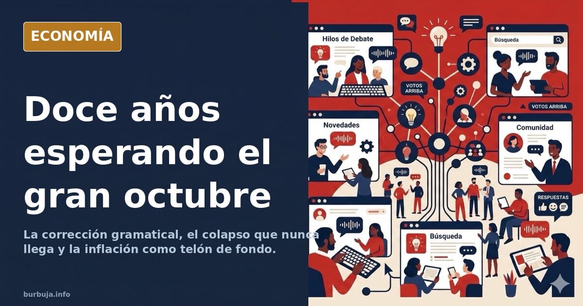 Ilustración editorial de un calendario con doce octubres marcados y una interrogación dorada sobre el último