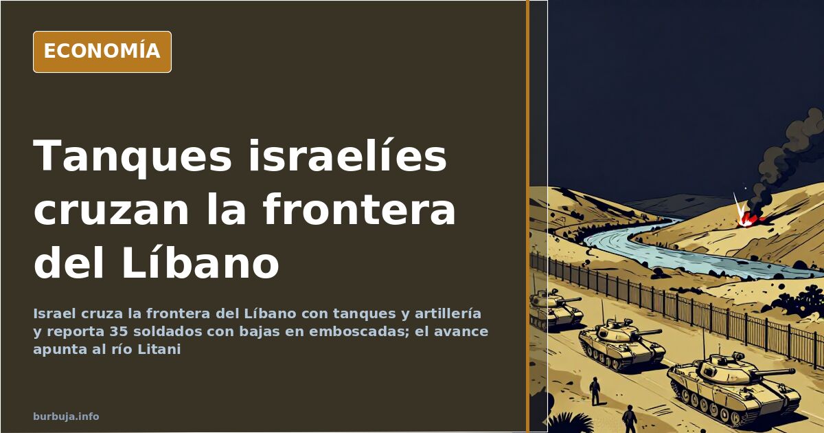 Columna de tanques israelíes avanzando hacia la frontera sur del Líbano en ilustración azul marino y dorado