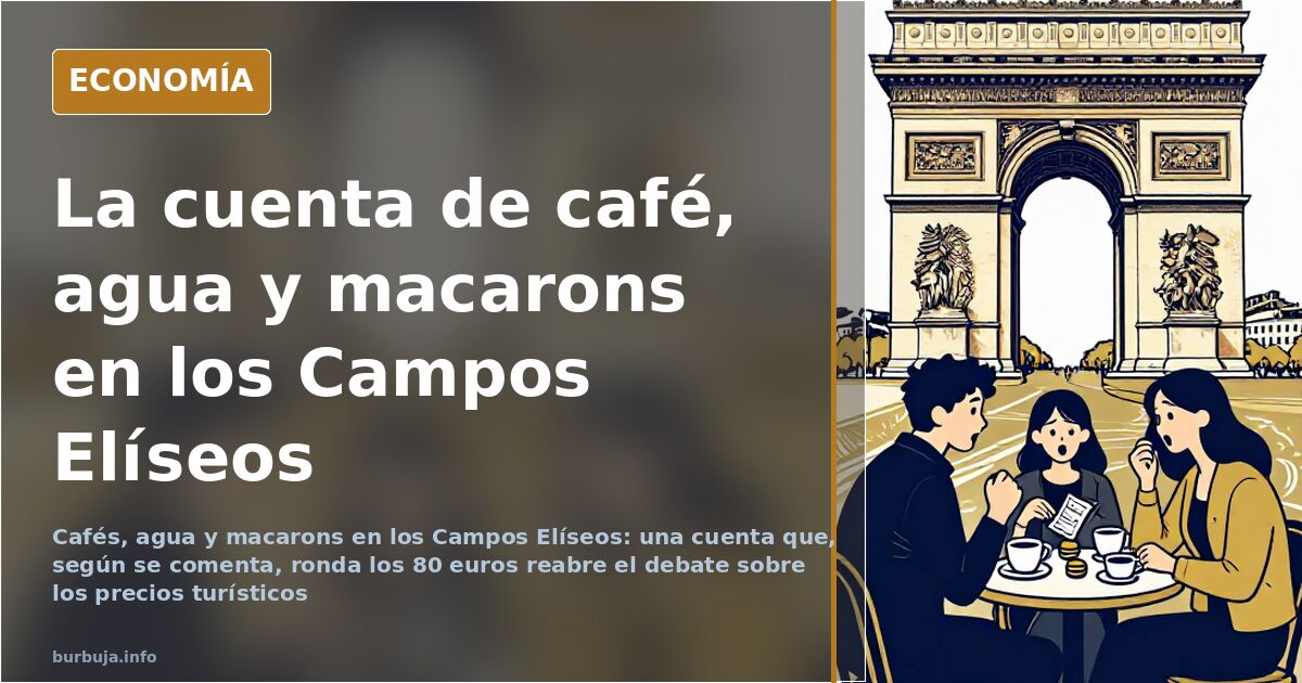 Tazas de café, una botella de agua y macarons sobre una mesa de terraza en los Campos Elíseos de París