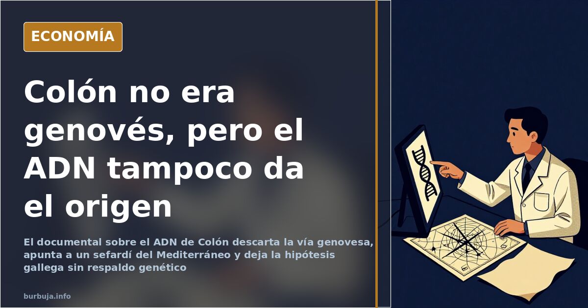 Mapa náutico antiguo y una doble hélice de ADN observada con lupa, ilustración editorial sobre el origen de Colón