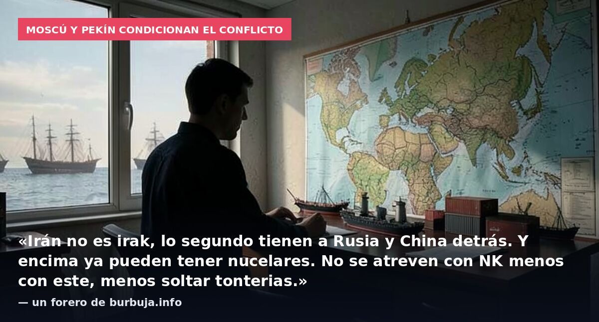 Moscú y Pekín condicionan el conflicto: «Irán no es irak, lo segundo tienen a Rusia y China detrás. Y encima ya pueden tener nucelares. No se atreven con NK menos con este, menos soltar tonterias.» — un forero de burbuja.info