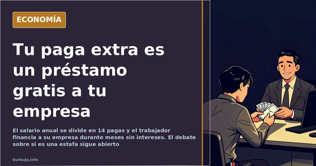 Ilustración editorial de una nómina dividida en catorce partes con una retenida en una caja fuerte empresarial