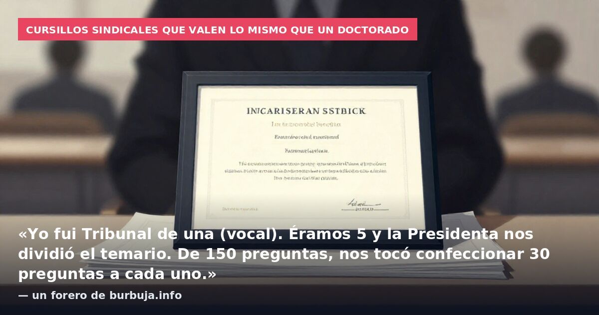 Cursillos sindicales que valen lo mismo que un doctorado: «Yo fui Tribunal de una (vocal). Éramos 5 y la Presidenta nos dividió el temario. De 150 preguntas, nos tocó confeccionar 30 preguntas a cada uno.» — un forero de burbuja.info