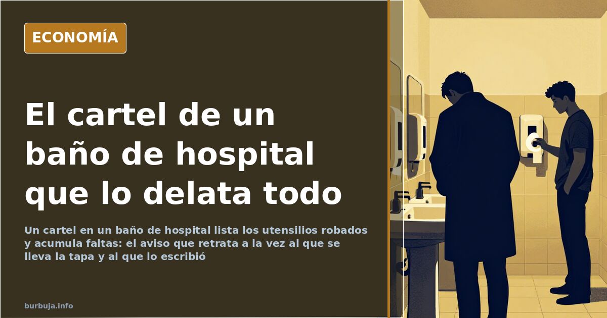 Cartel plastificado en la pared de un baño de hospital que enumera utensilios robados y contiene una falta de concordancia