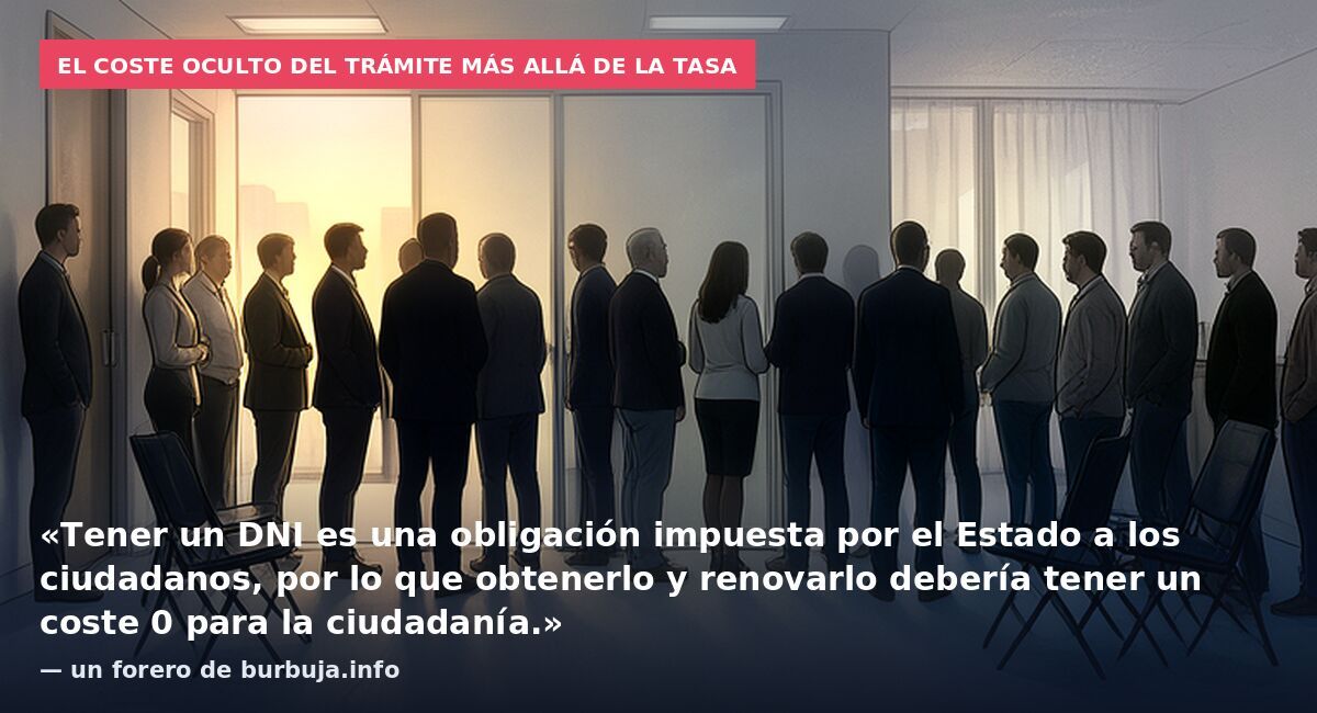El coste oculto del trámite más allá de la tasa: «Tener un DNI es una obligación impuesta por el Estado a los ciudadanos, por lo que obtenerlo y renovarlo debería tener un coste 0 para la ciudadanía.» — un forero de burbuja.info