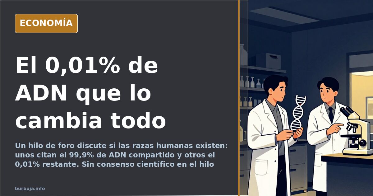 Ilustración editorial de dos siluetas humanas frente a un mapa genético de doble hélice en azul marino y dorado