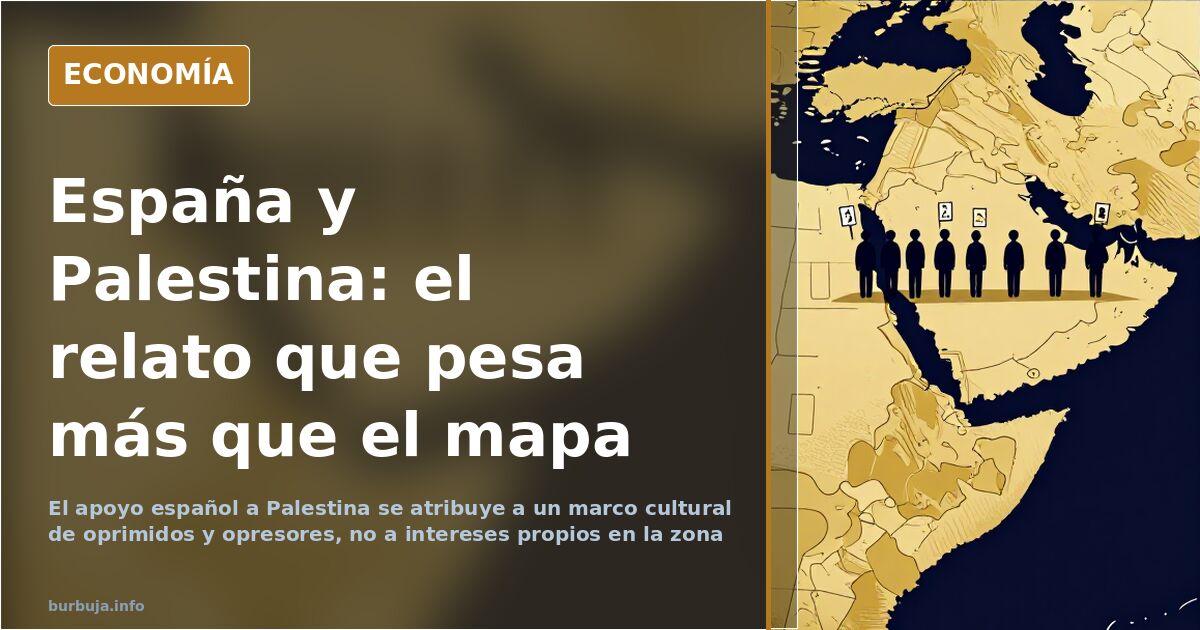Ilustración editorial con un mapa de Oriente Medio y dos bandos enfrentados sobre el apoyo español a Palestina