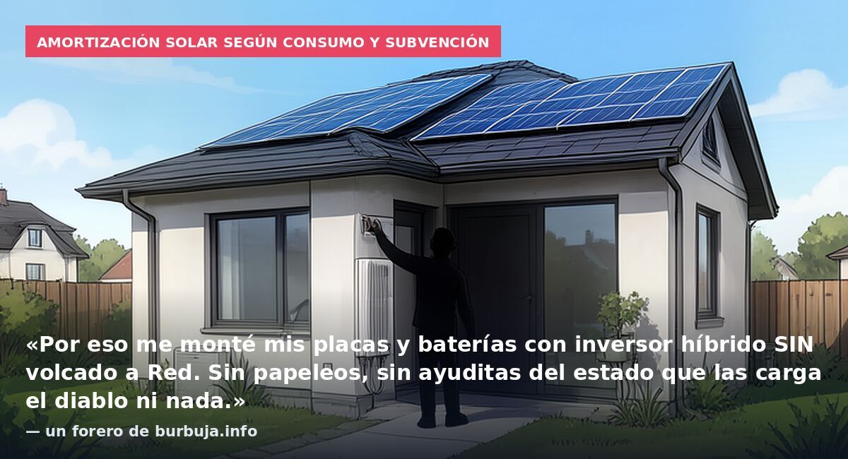 Amortización solar según consumo y subvención: «Por eso me monté mis placas y baterías con inversor híbrido SIN volcado a Red. Sin papeleos, sin ayuditas del estado que las carga el diablo ni nada.» — un forero de burbuja.info