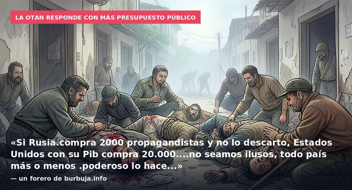 La OTAN responde con más presupuesto público: «Si Rusia.compra 2000 propagandistas y no lo descarto, Estados Unidos con su Pib compra 20.000....no seamos ilusos, todo país más o menos .poderoso lo hace...» — un forero de burbuja.info