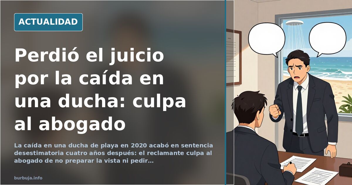 Escena de playa con una pasarela de madera hacia las duchas públicas y una ambulancia al fondo junto a la arena