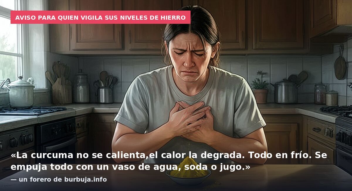 Aviso para quien vigila sus niveles de hierro: «La curcuma no se calienta,el calor la degrada. Todo en frío. Se empuja todo con un vaso de agua, soda o jugo.» — un forero de burbuja.info