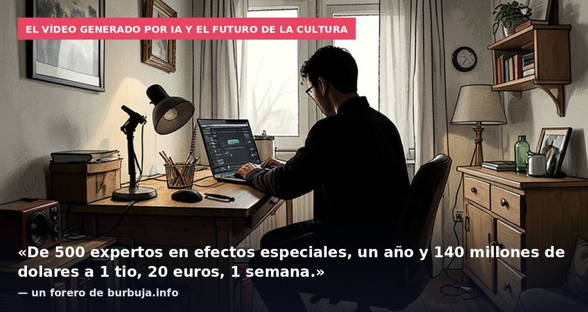 El vídeo generado por IA y el futuro de la cultura: «De 500 expertos en efectos especiales, un año y 140 millones de dolares a 1 tio, 20 euros, 1 semana.» — un forero de burbuja.info