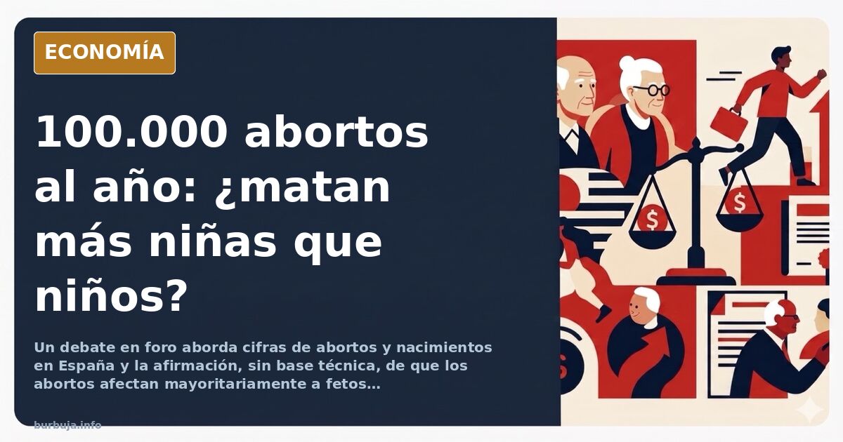 Ilustración editorial en azul marino y dorado con una balanza inclinada entre cifras de nacimientos y abortos en España