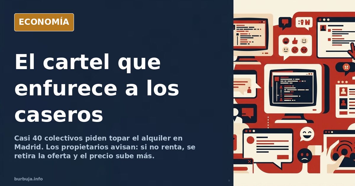 Cartel reivindicativo sobre la bajada del alquiler junto a un edificio en obras en un barrio de Madrid