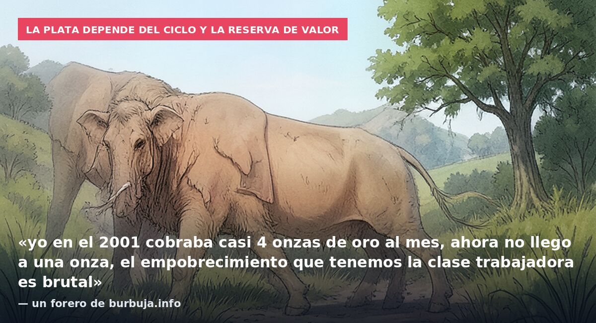 La plata depende del ciclo y la reserva de valor: «yo en el 2001 cobraba casi 4 onzas de oro al mes, ahora no llego a una onza, el empobrecimiento que tenemos la clase trabajadora es brutal» — un forero de burbuja.info