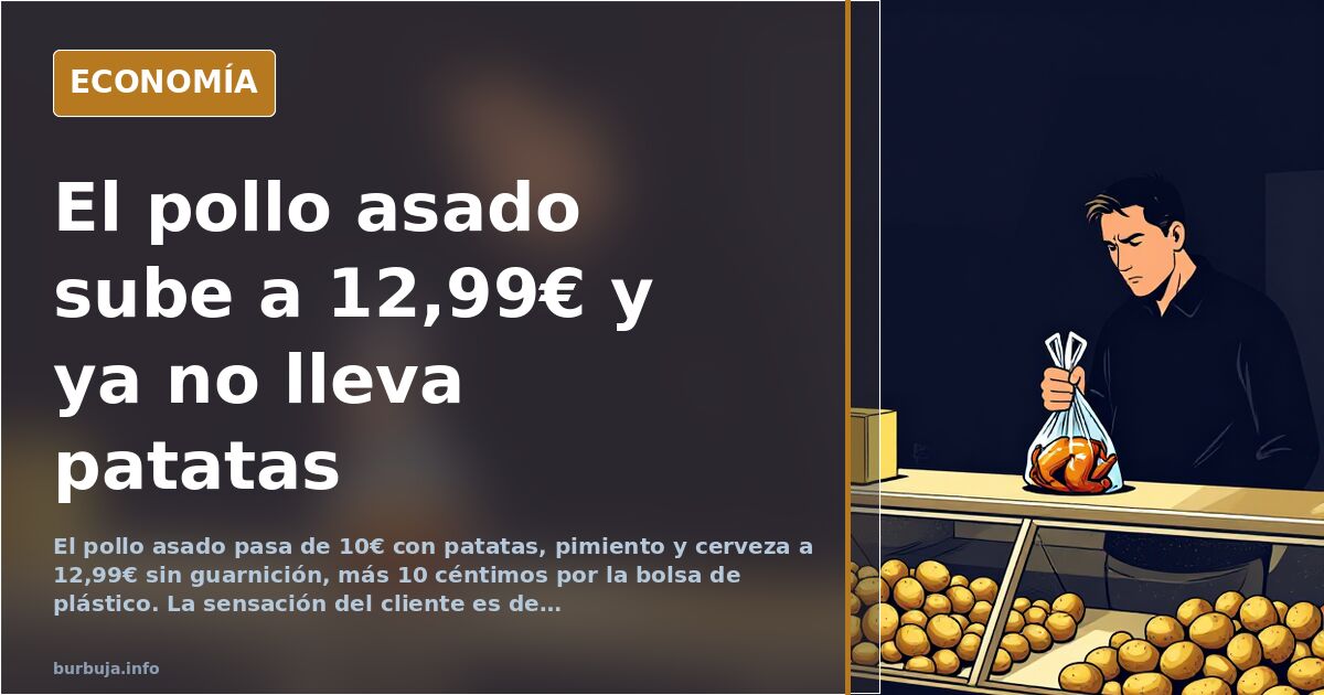 Pollo asado dorado en un asador de barrio junto a una ración de patatas fritas y una botella de cerveza