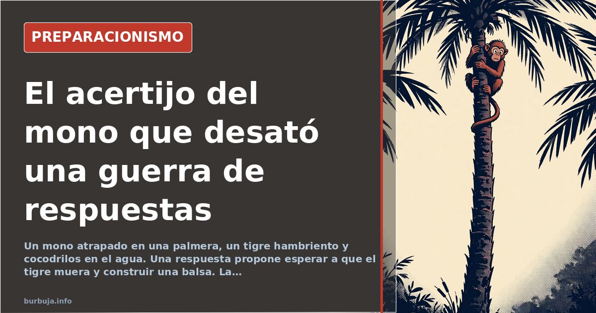 Ilustración de un mono en una palmera rodeado de cocodrilos y un tigre, representando el acertijo viral