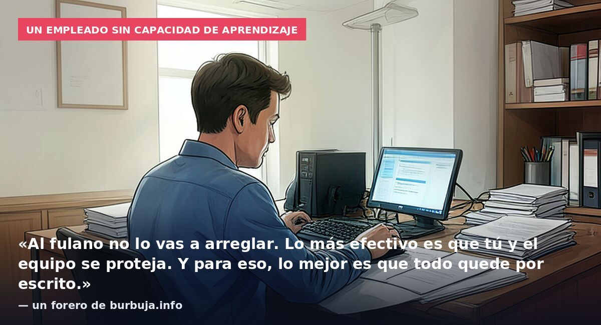 Un empleado sin capacidad de aprendizaje: «Al fulano no lo vas a arreglar. Lo más efectivo es que tú y el equipo se proteja. Y para eso, lo mejor es que todo quede por escrito.» — un forero de burbuja.info
