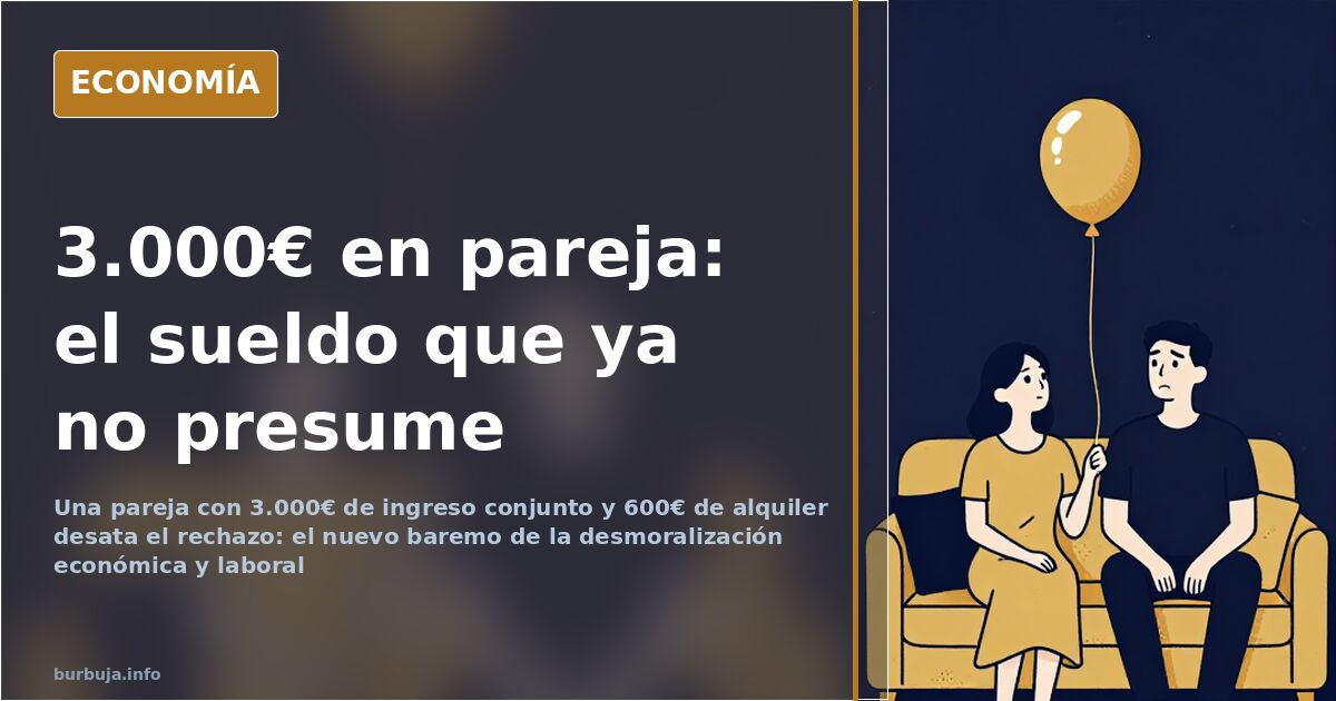 Ilustración editorial de una pareja joven observando una nómina y un recibo de alquiler bajo una luz dorada