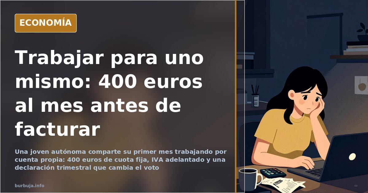Ilustración editorial de una joven autónoma revisando facturas y cuota de autónomos en un escritorio con gráficos fiscales en