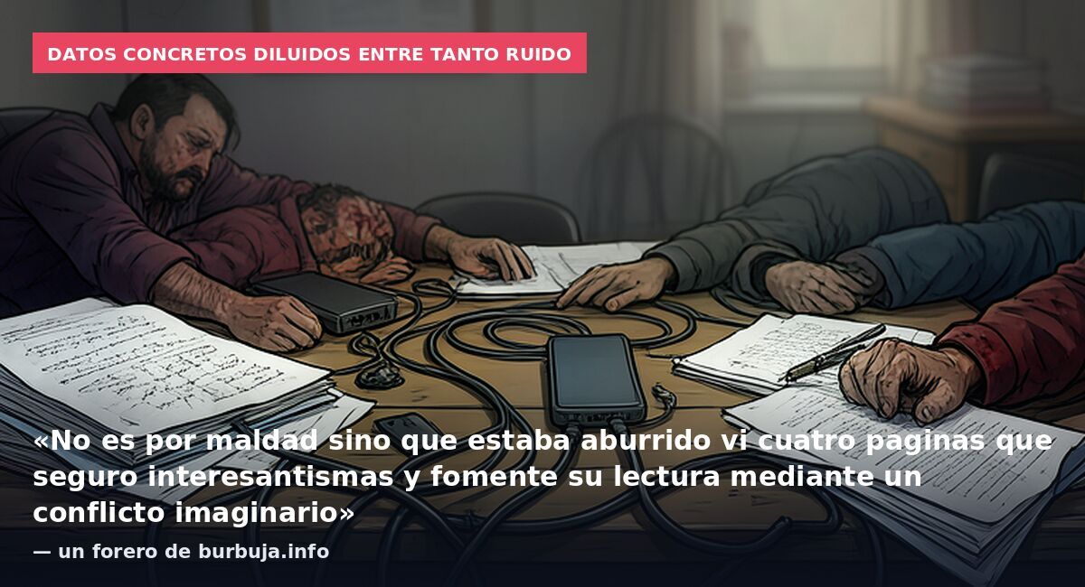 Datos concretos diluidos entre tanto ruido: «No es por maldad sino que estaba aburrido vi cuatro paginas que seguro interesantismas y fomente su lectura mediante un conflicto imaginario» — un forero de burbuja.info