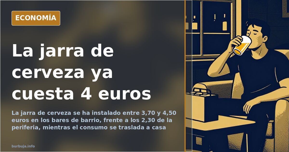 Jarra de cerveza de barril servida sobre la barra de un bar de barrio con la pizarra de precios al fondo