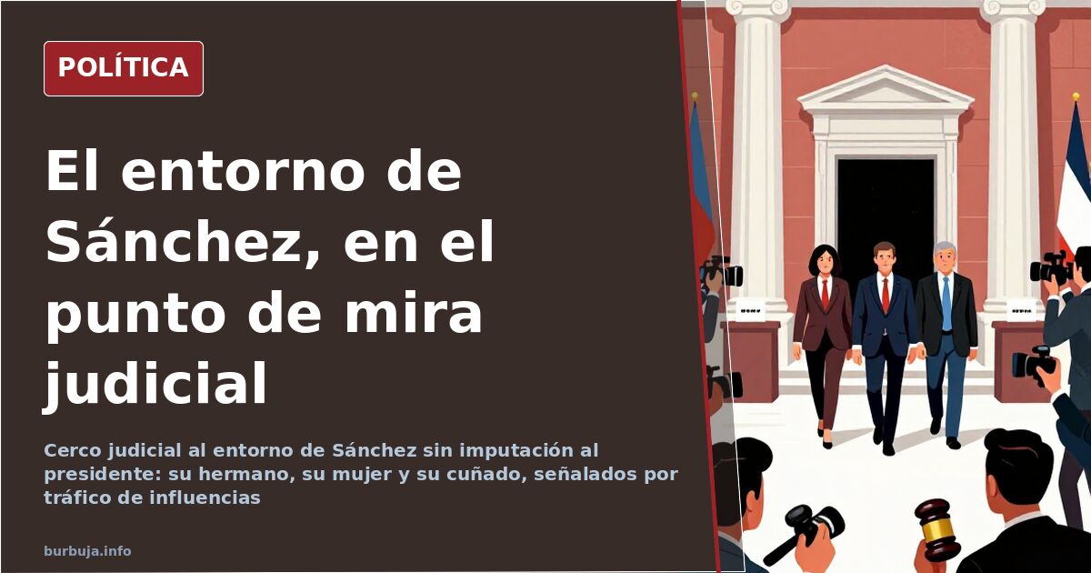 Ilustración editorial de un estrado judicial frente a la sede del Gobierno, con el cerco judicial al presidente como telón de