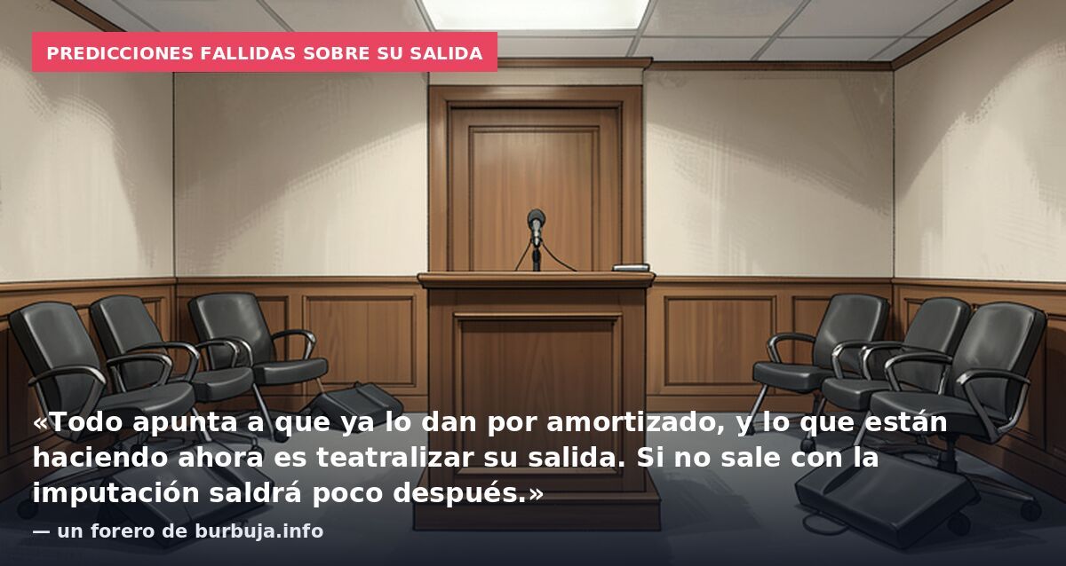 Predicciones fallidas sobre su salida: «Todo apunta a que ya lo dan por amortizado, y lo que están haciendo ahora es teatralizar su salida. Si no sale con la imputación saldrá poco después.» — un forero de burbuja.info