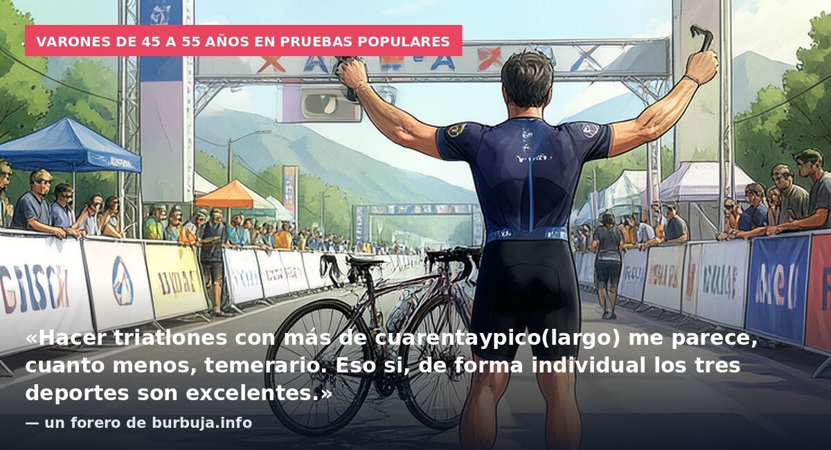 Varones de 45 a 55 años en pruebas populares: «Hacer triatlones con más de cuarentaypico(largo) me parece, cuanto menos, temerario. Eso si, de forma individual los tres deportes son excelentes.» — un forero de burbuja.info