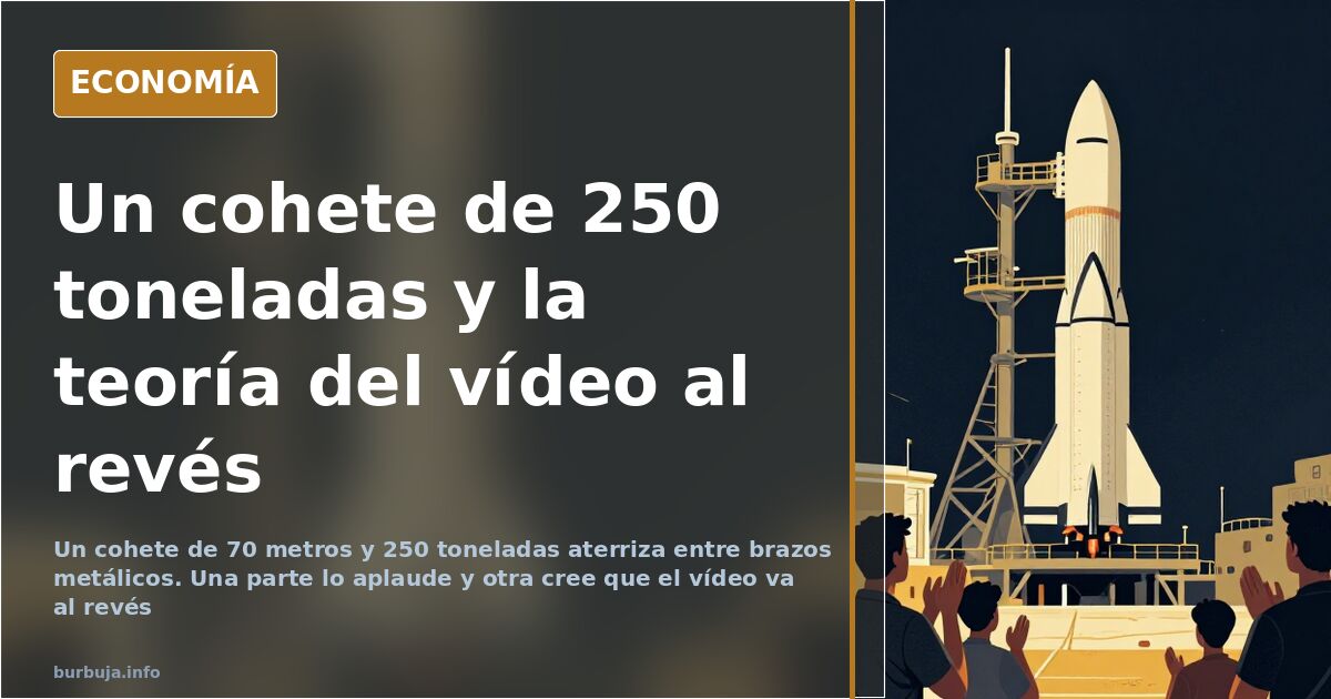 Cohete reutilizable de SpaceX de 70 metros descendiendo entre brazos metálicos sobre el mar con una nube de humo al final