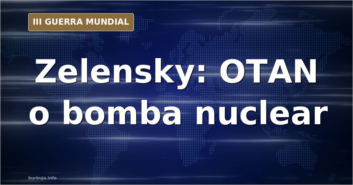 Silueta de un misil nuclear sobre un mapa de Ucrania con la bandera de la OTAN al fondo, en tonos desaturados