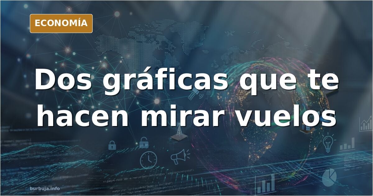 Ilustración editorial de dos gráficas descendentes sobre un mapa de España con una maleta y monedas, en azul marino y dorado