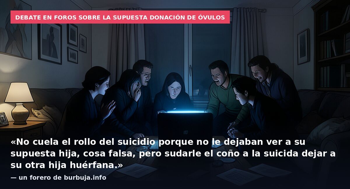 Debate en foros sobre la supuesta donación de óvulos: «No cuela el rollo del suicidio porque no le dejaban ver a su supuesta hija, cosa falsa, pero sudarle el coño a la suicida dejar a su otra hija huérfana.» — un forero de burbuja.info