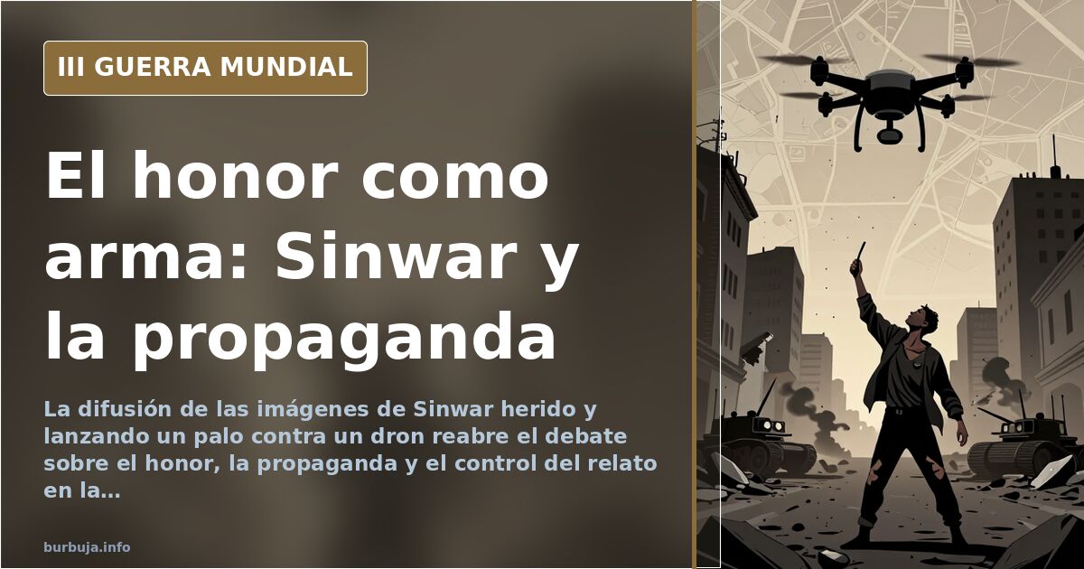 Silueta de un dron sobrevolando un edificio en ruinas en una zona de conflicto, con humo distante en el horizonte