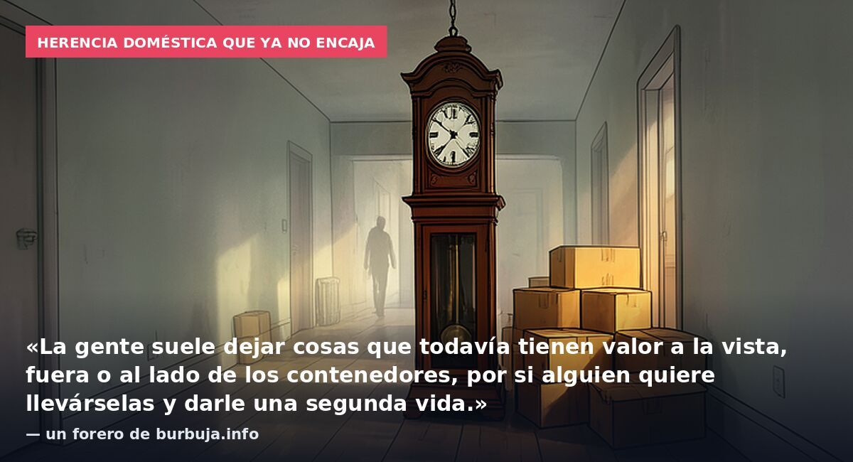 Herencia doméstica que ya no encaja: «La gente suele dejar cosas que todavía tienen valor a la vista, fuera o al lado de los contenedores, por si alguien quiere llevárselas y darle una segunda vida.» — un forero de burbuja.info