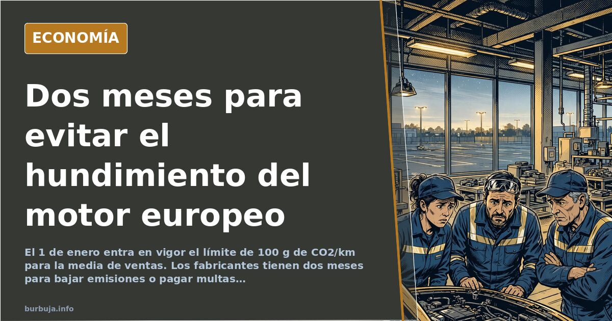 Ilustración editorial de una cadena de montaje de automóviles con un contador de emisiones de CO2 marcando el límite de 100 g