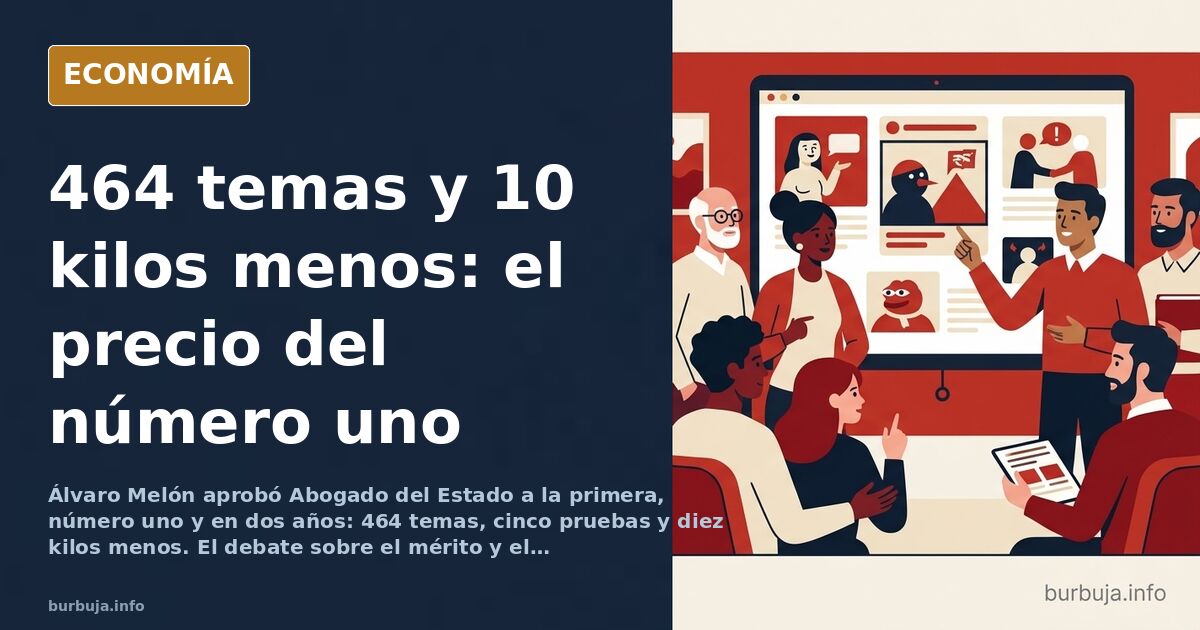 Ilustración editorial de una balanza de la justicia inclinada por el peso de pilas de libros de oposición y un cronómetro