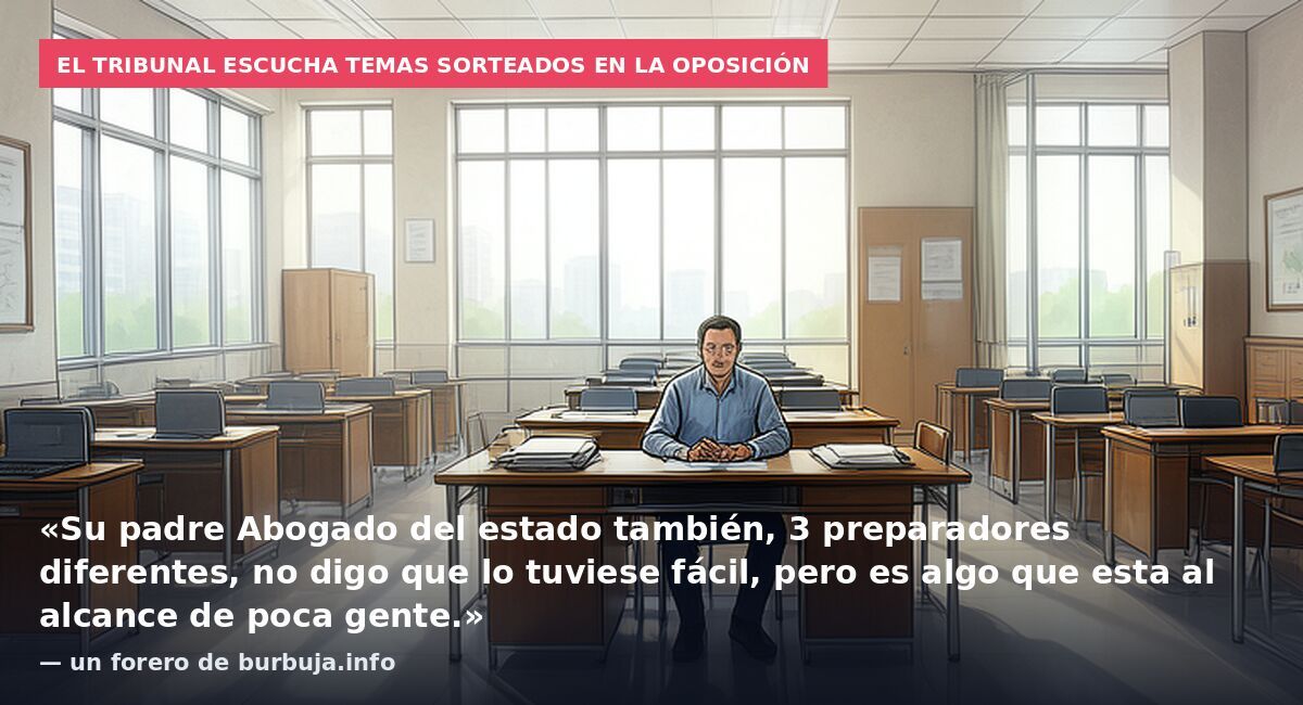 El tribunal escucha temas sorteados en la oposición: «Su padre Abogado del estado también, 3 preparadores diferentes, no digo que lo tuviese fácil, pero es algo que esta al alcance de poca gente.» — un forero de burbuja.info