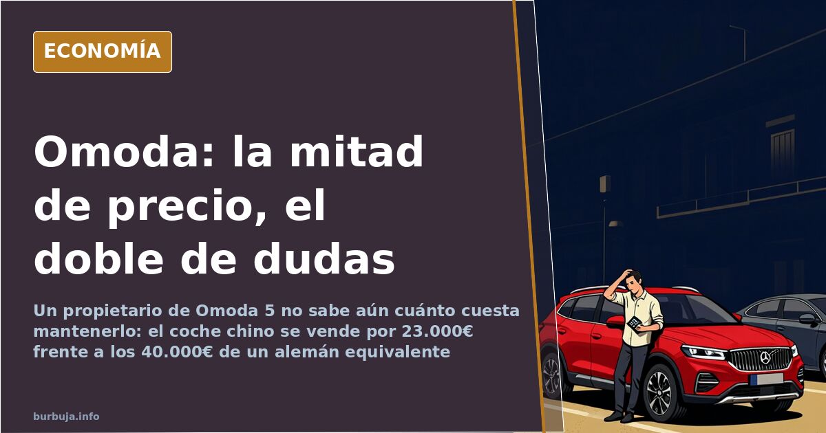 Ilustración editorial de un SUV Omoda 5 aparcado frente a un concesionario, con una etiqueta de precio y una pantalla táctil 