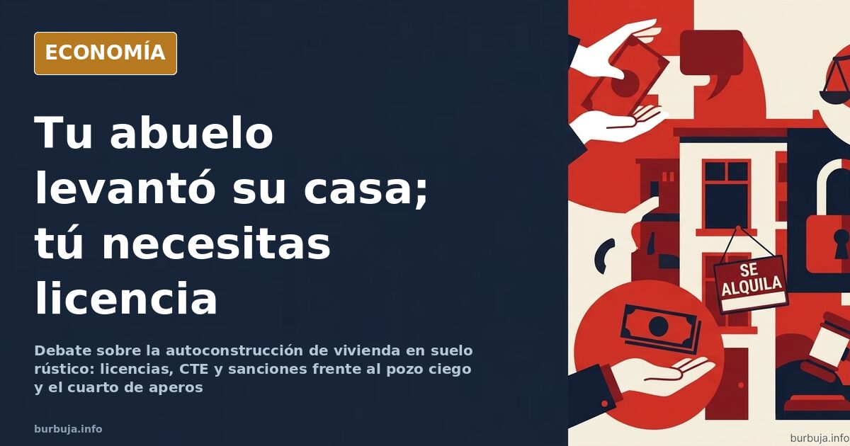 Ilustración editorial en azul marino y dorado de una casa de pueblo construida a mano junto a planos y sellos administrativos