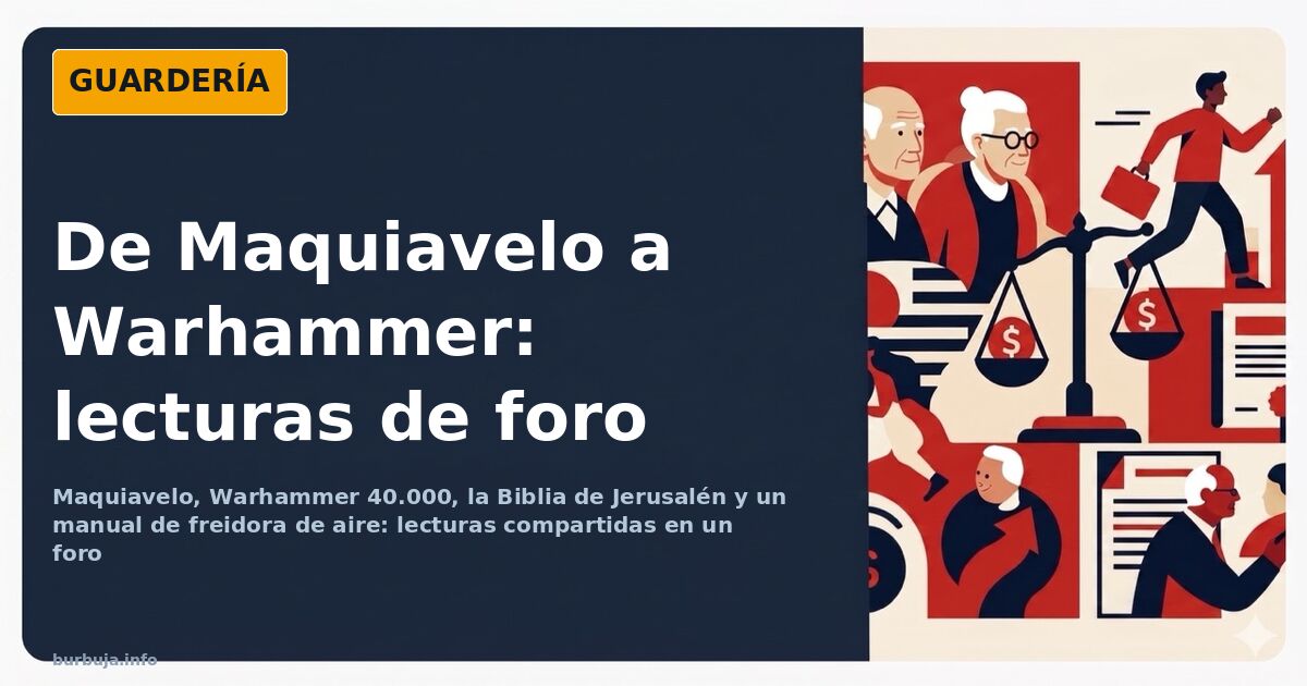 Ilustración de una mesilla de noche con una pila de libros de Maquiavelo, Warhammer y la Biblia junto a una freidora de aire
