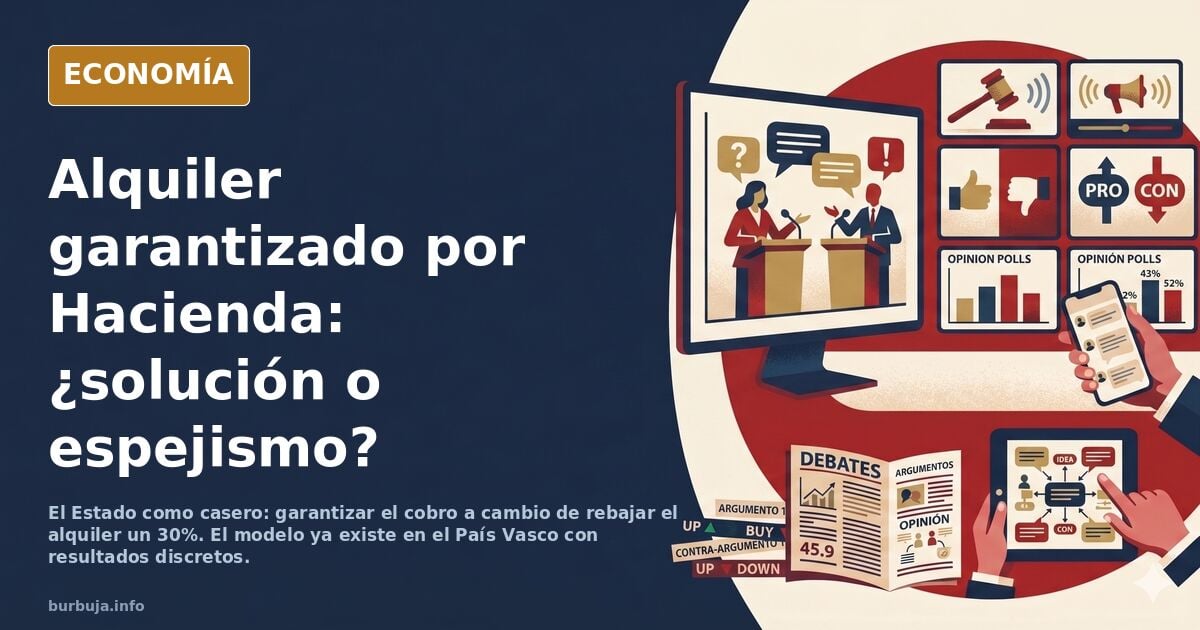 Ilustración editorial de un edificio de viviendas con una mano institucional sosteniendo un contrato de alquiler y una moneda