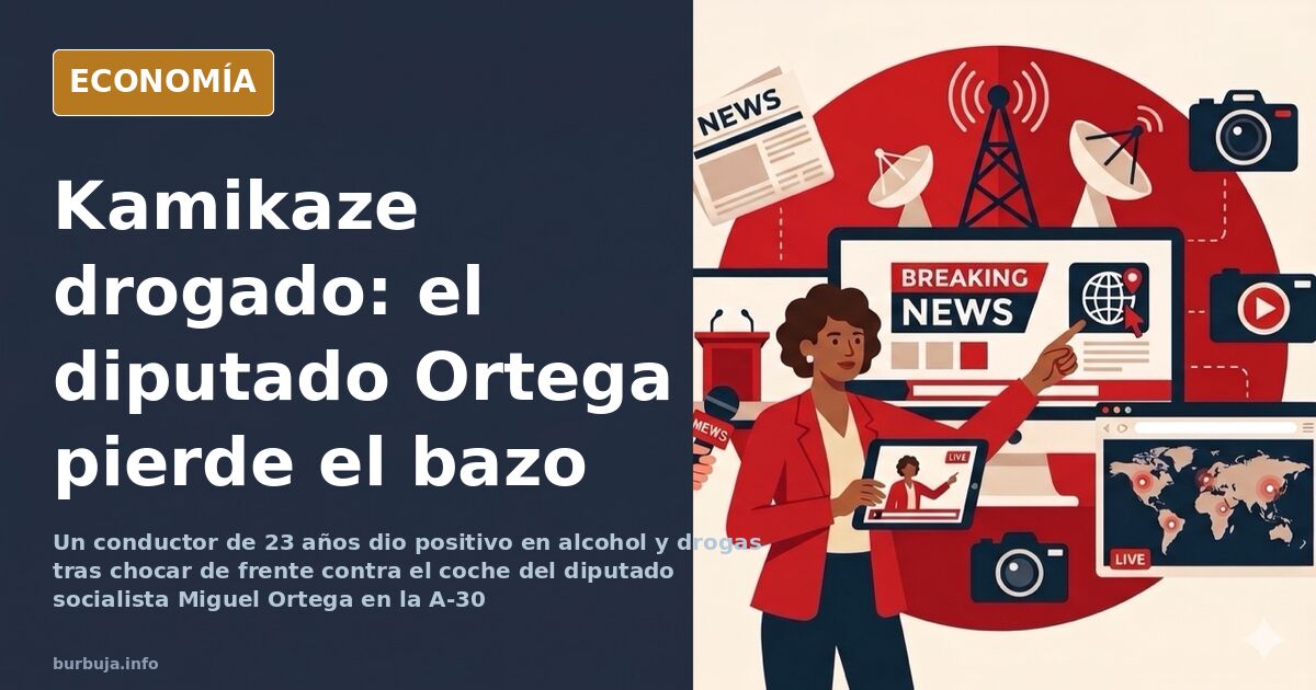 Ilustración de un tramo de autovía con dos vehículos destrozados tras un accidente frontal en sentido contrario