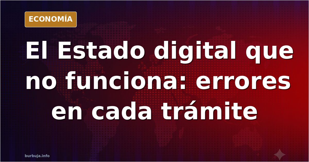 Ilustración editorial de un ciudadano frente a una pantalla de ordenador mostrando errores de webs de la administración públi
