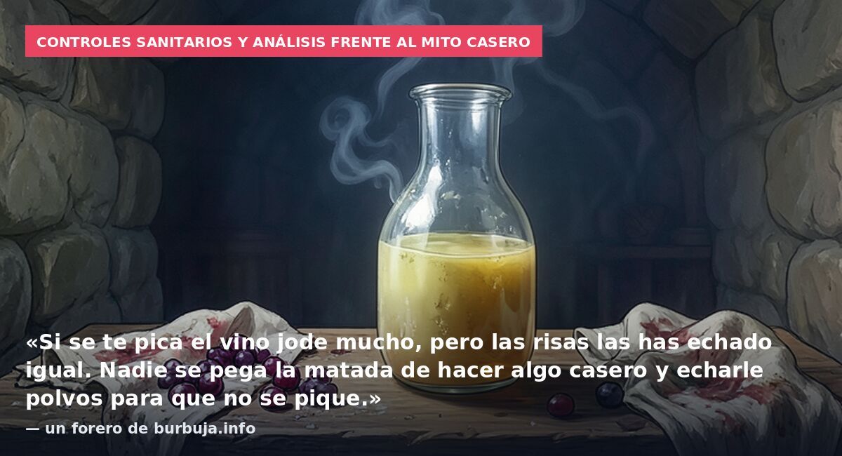 Controles sanitarios y análisis frente al mito casero: «Si se te pica el vino jode mucho, pero las risas las has echado igual. Nadie se pega la matada de hacer algo casero y echarle polvos para que no se pique.» — un forero de burbuja.info
