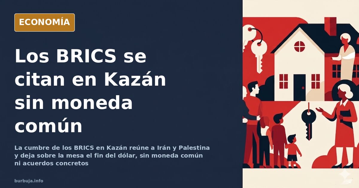 Vista de la cumbre de los BRICS en Kazán con banderas de los países miembros y cúpulas de la ciudad al fondo
