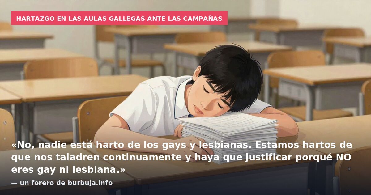 Hartazgo en las aulas gallegas ante las campañas: «No, nadie está harto de los gays y lesbianas. Estamos hartos de que nos taladren continuamente y haya que justificar porqué NO eres gay ni lesbiana.» — un forero de burbuja.info