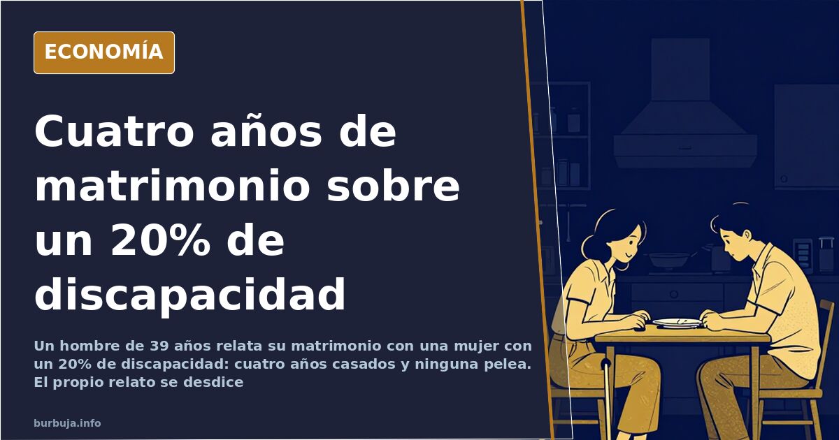 Ilustración editorial de una pareja de espaldas en una cocina doméstica, símbolo del matrimonio y la dependencia por discapac